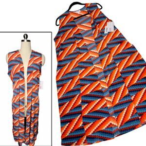 LuLaRoe Joy Vest Medium Chevron Orange Blue Sleeveless Longline Duster Coverup